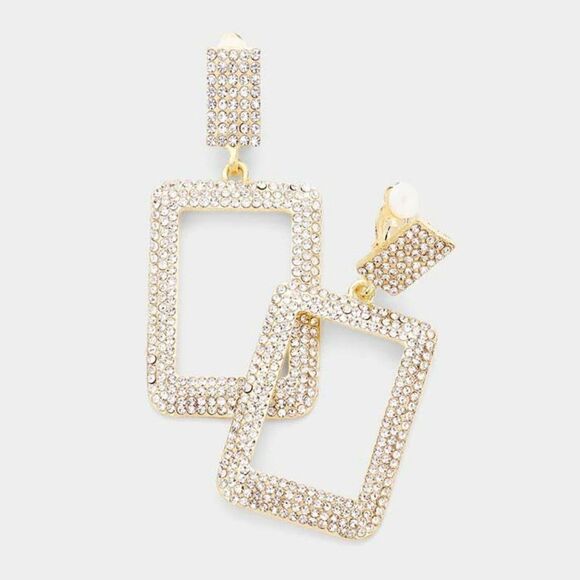 Clear Rhinestone Open Rectangle Evening Clip on Earrings - Picture 1 of 5